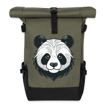Panda illustration with playful expression - Roll Top Backpack - olive/black - Front