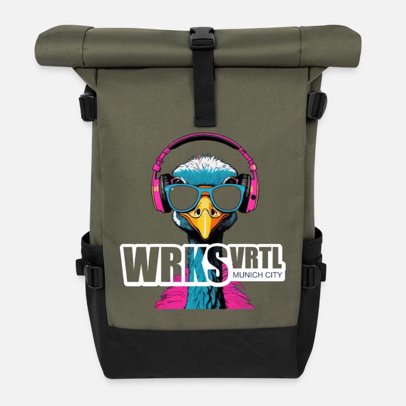 Werksviertel Vogel mit Sonnenbrille und Kopfhörern - Rolltop Rucksack - Olive/Schwarz