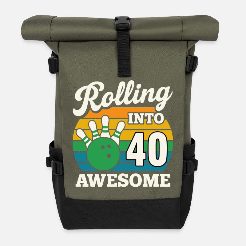 Retro Bowling 40th Birthday Design - Roll Top Backpack - olive/black