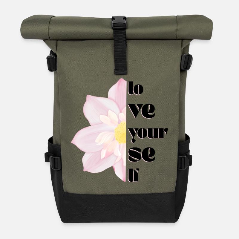 Love Yourself – Florales Motiv 🌸✨ - Rolltop Rucksack - Olive/Schwarz