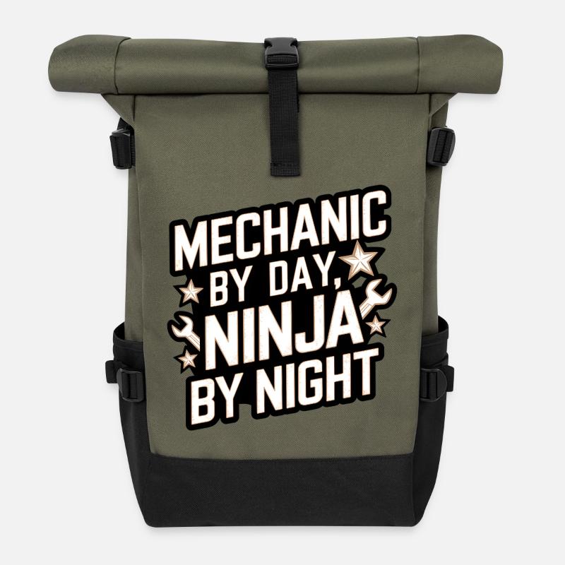 Mechanic by Day Ninja by Night - Roll Top Backpack - olive/black