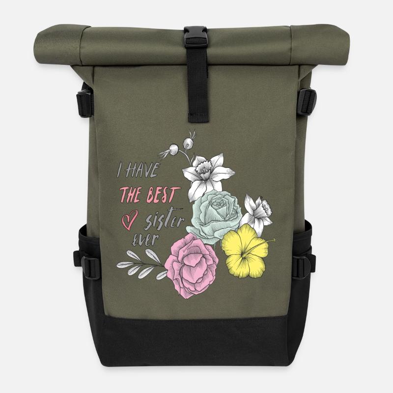 Beste Schwester Blüten Herz  - Rolltop Rucksack - Olive/Schwarz