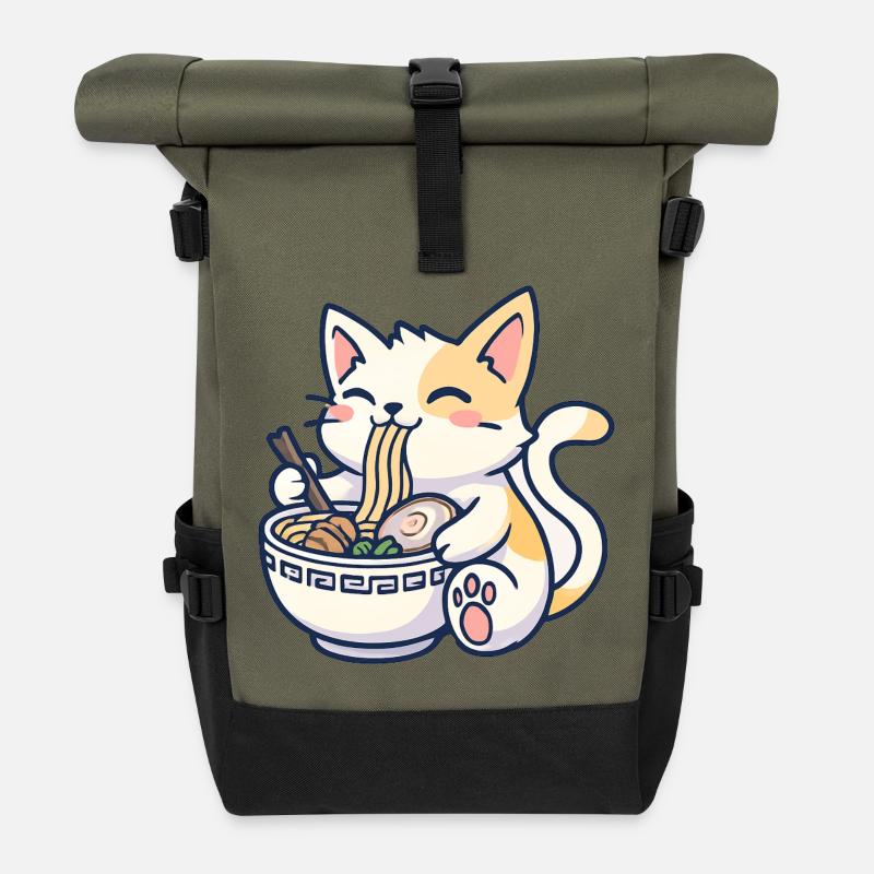 Kawaii Ramen Cat Joy - Sac à dos roll top - olive/noir