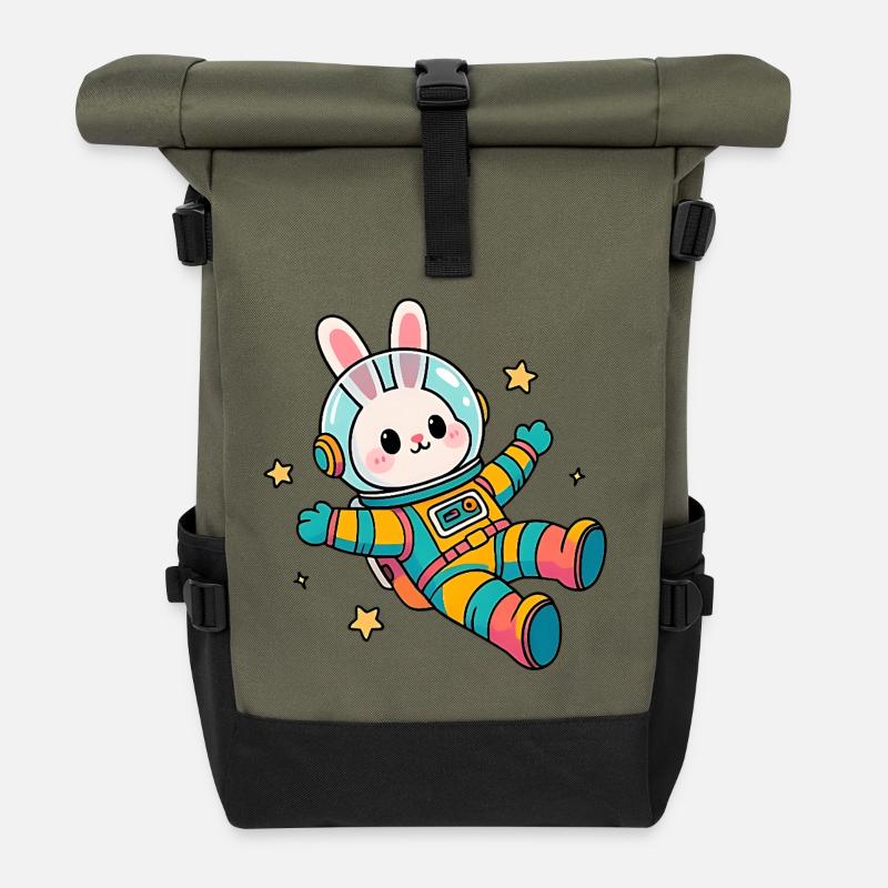 Lapin astronaute coloré - Sac à dos roll top - olive/noir