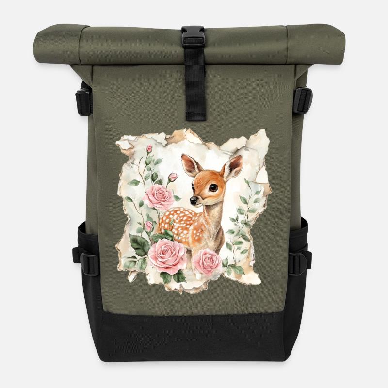 Deer Fawn Vintage - Roll Top Backpack - olive/black
