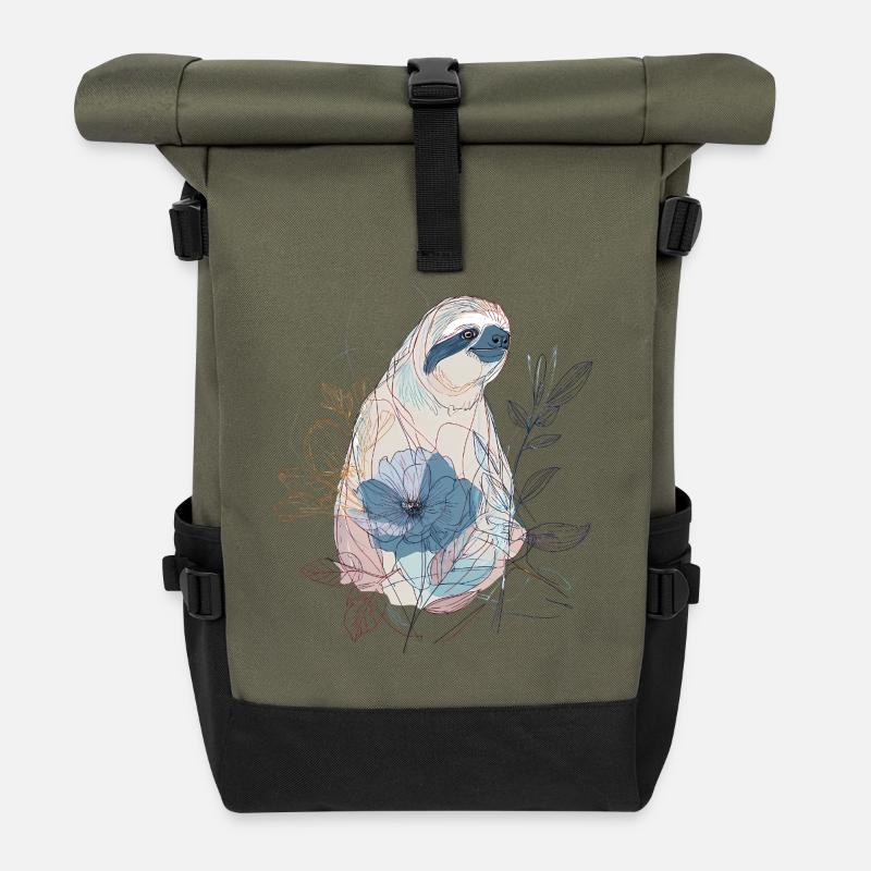 Lineart Faultier mit blauer Blüte – Boho Stil - Rolltop Rucksack - Olive/Schwarz