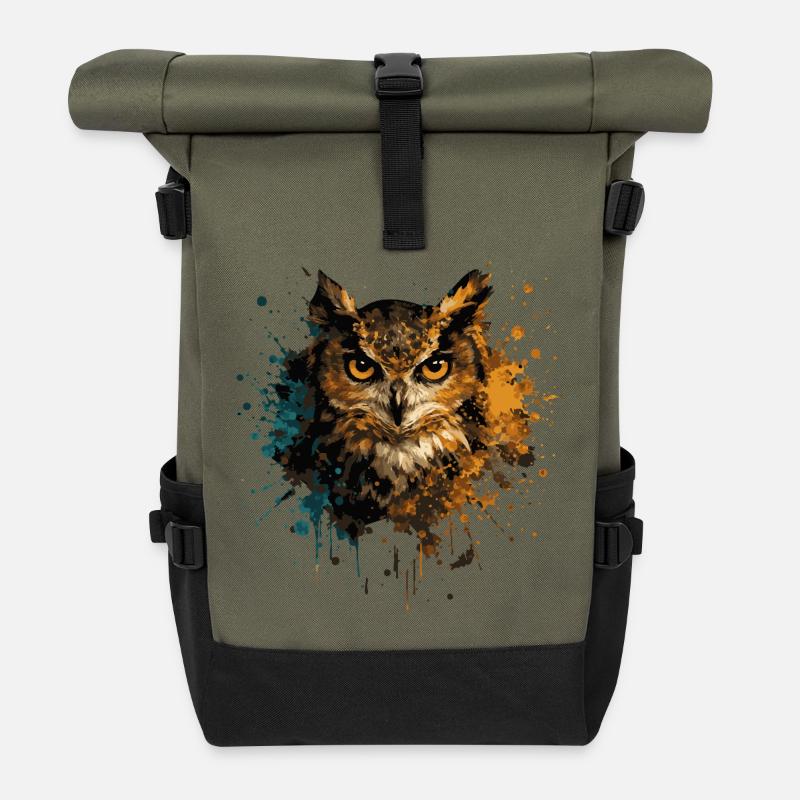 Eule Aquarell – Color Splash Tierkunst - Rolltop Rucksack - Olive/Schwarz