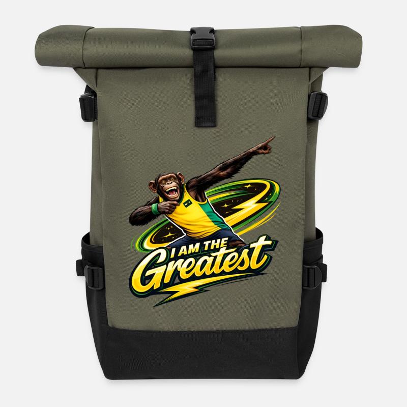 Affen-Sportheld: I am the Greatest - Rolltop Rucksack - Olive/Schwarz