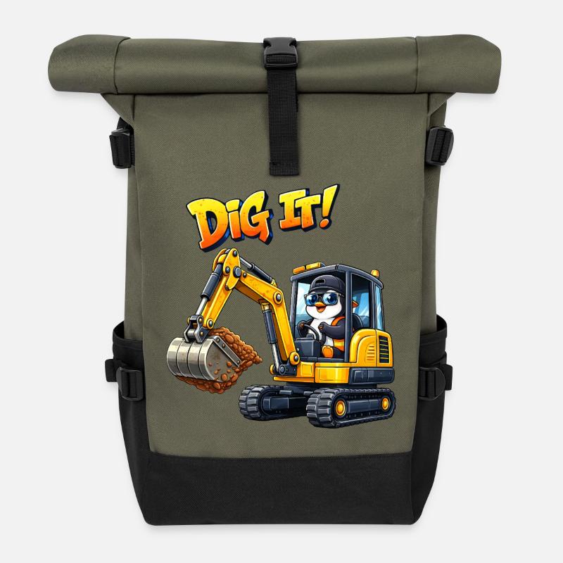 Süßer Pinguin Cartoon Baggerfahrer Baugeräteführer - Rolltop Rucksack - Olive/Schwarz