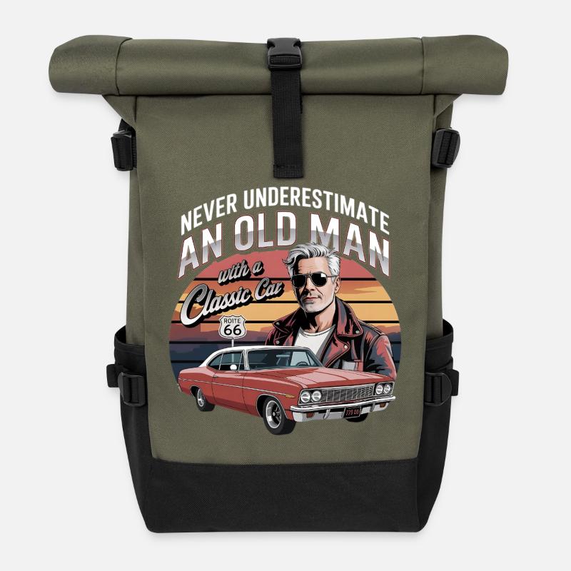 Never Underestimate An Old Man With A Classic Car  - Roll Top Backpack - olive/black