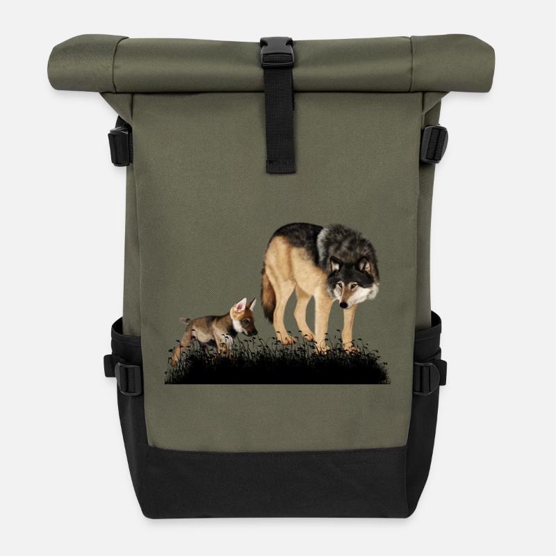 Loup renversant avec l’ourson dans les bois - Sac à dos roll top - olive/noir