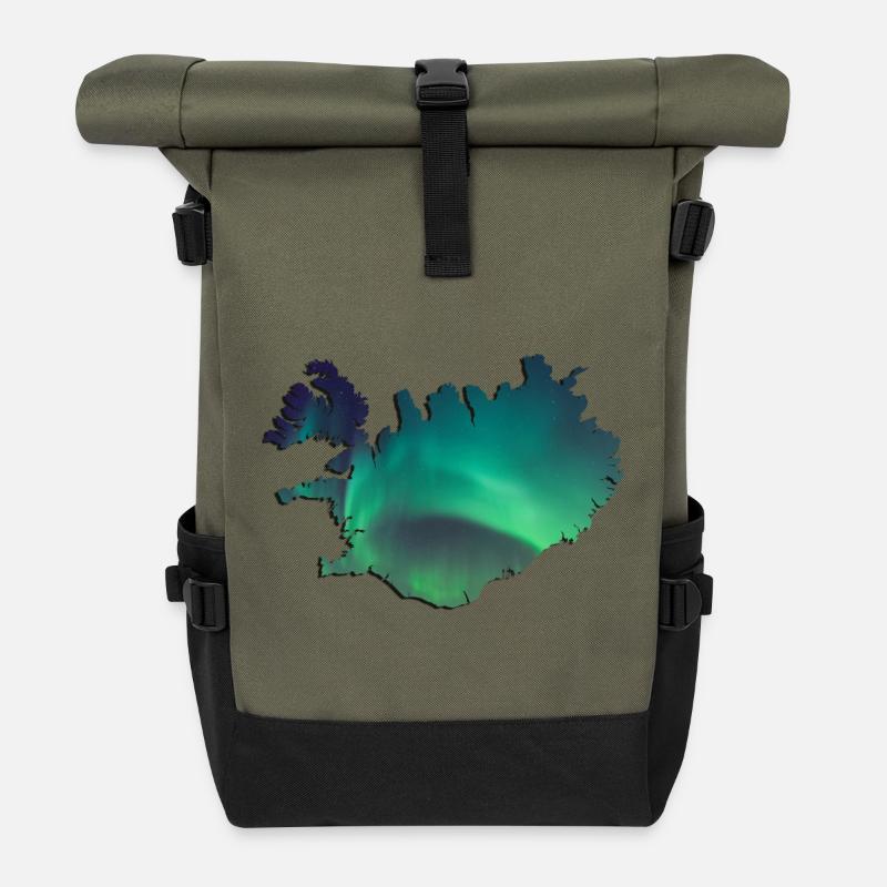 Island Iceland Nordlichter Topographie Design - Rolltop Rucksack - Olive/Schwarz