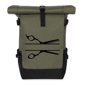Text banner logo hairdresser comb scissors - Roll Top Backpack - olive/black - Front
