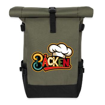 Backen mein Hobby - buntes Bäckermotiv - Rolltop Rucksack - Olive/Schwarz - Vorne