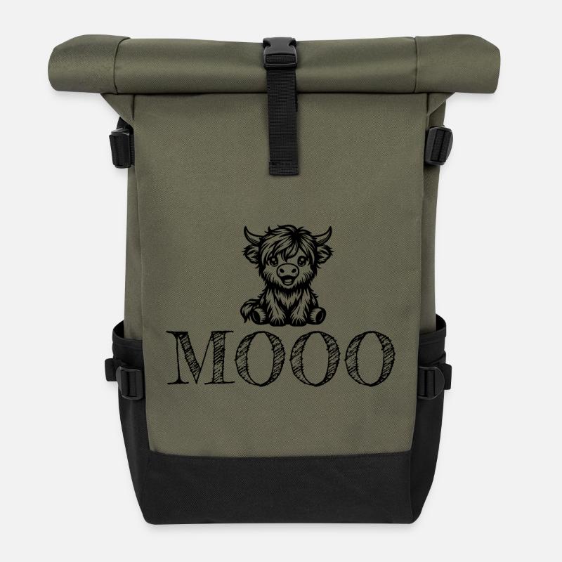 Niedliches Kuhdesign Mooo - Rolltop Rucksack - Olive/Schwarz