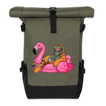 Cool Tiger auf Flamingo-Boje – Sommer-Rig-Design - Rolltop Rucksack - Olive/Schwarz - Vorne
