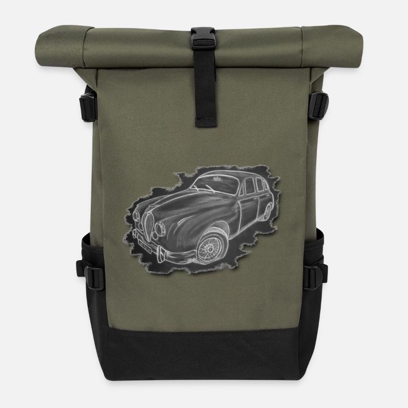 Oldtimer - Zeichnung - Rolltop Rucksack - Olive/Schwarz