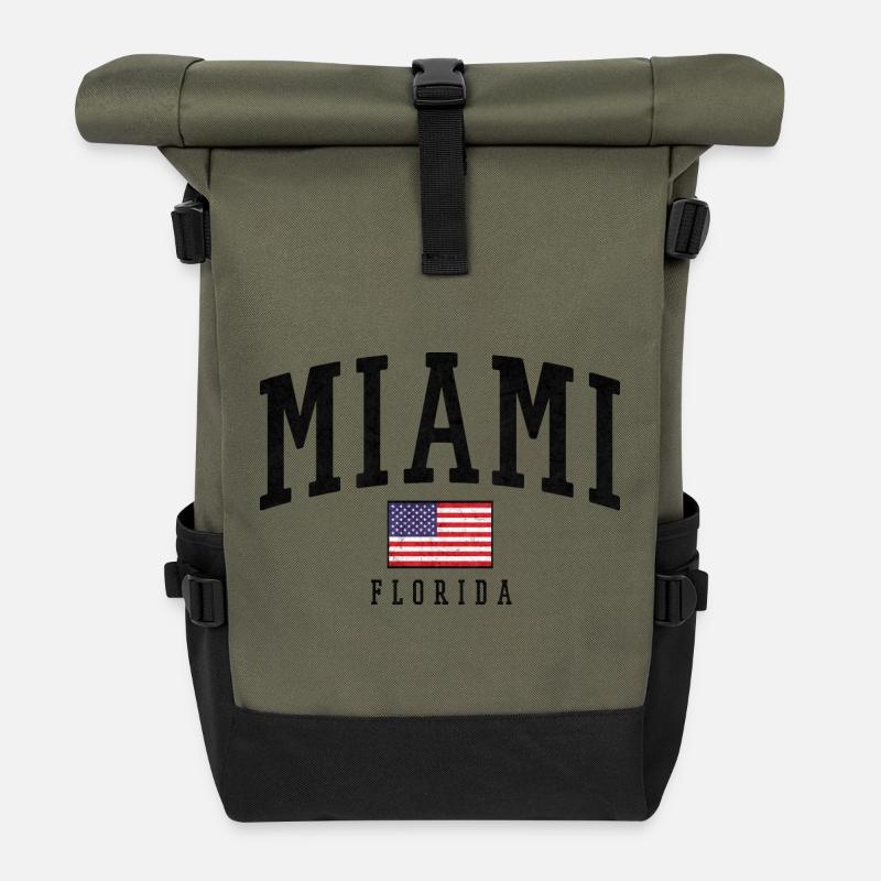 Miami Flag Distressed Typography Florida - Rolltop Rucksack - Olive/Schwarz