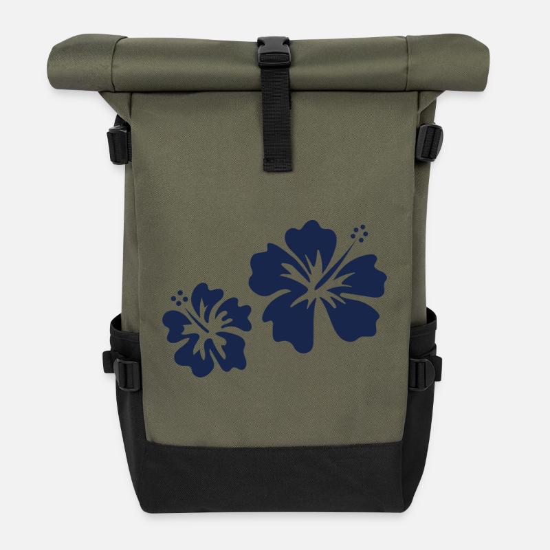 Blauer Hibiskus - Rolltop Rucksack - Olive/Schwarz
