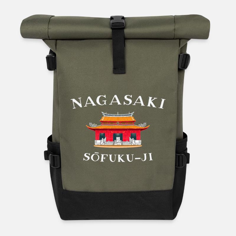 Sofuku-ji Temple, Nagasaki Japan, hand drawing - Roll Top Backpack - olive/black