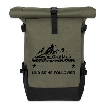 "Dein Name" und deine Follower - Caravan - Stau - Rolltop Rucksack - Olive/Schwarz - Vorne
