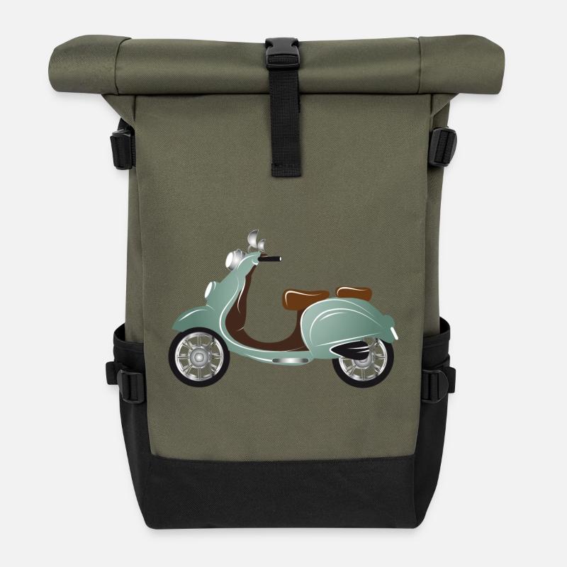 Ein Vintage Motorroller mit Retro Lackierung - Rolltop Rucksack - Olive/Schwarz