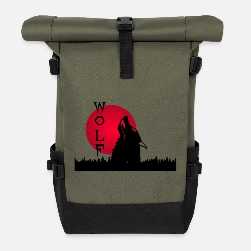 Schwarzer Wolf, Wald und Sonnenuntergang - Rolltop Rucksack - Olive/Schwarz