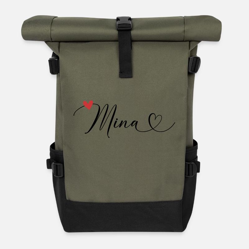 Mina Name Vorname Kalligrafieherz - Rolltop Rucksack - Olive/Schwarz