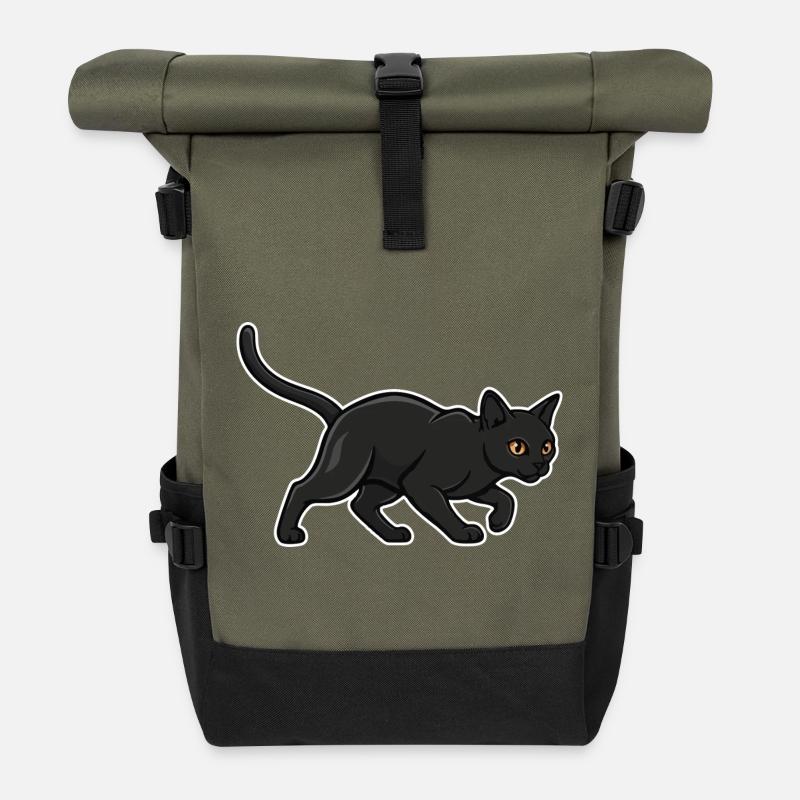Black Cat Silhouette Panther Hunter Vintage - Roll Top Backpack - olive/black