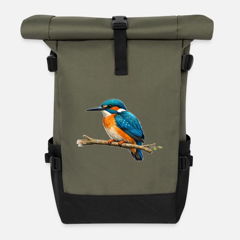 Majestic Kingfisher on a branch - Roll Top Backpack - olive/black