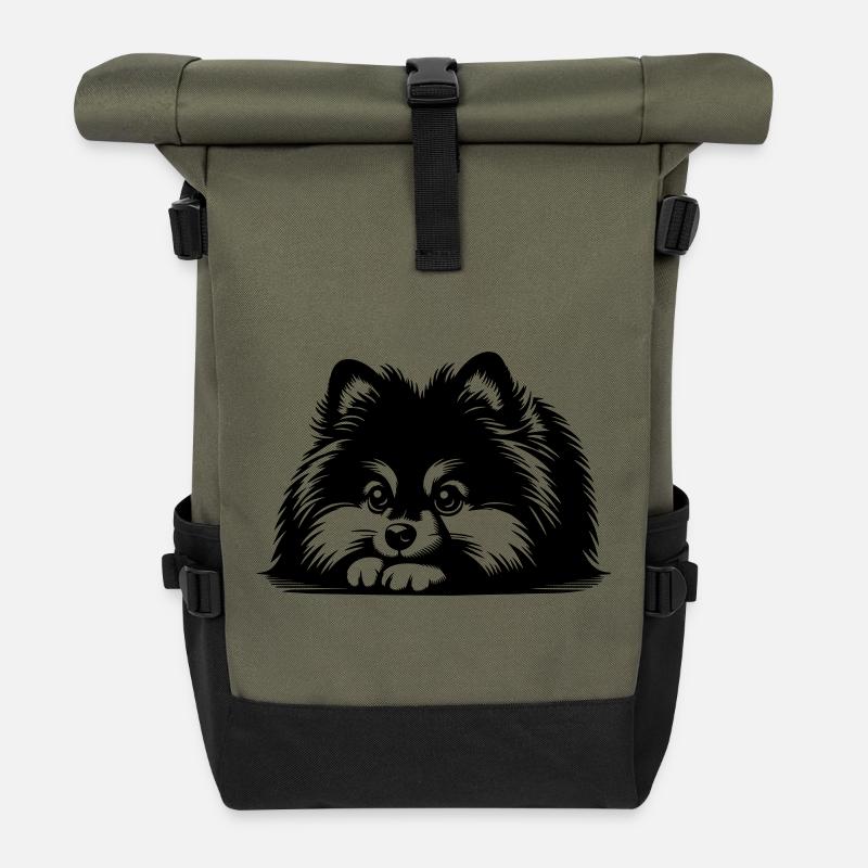 Zwergspitz Kopf mit Pfoten - Rolltop Rucksack - Olive/Schwarz