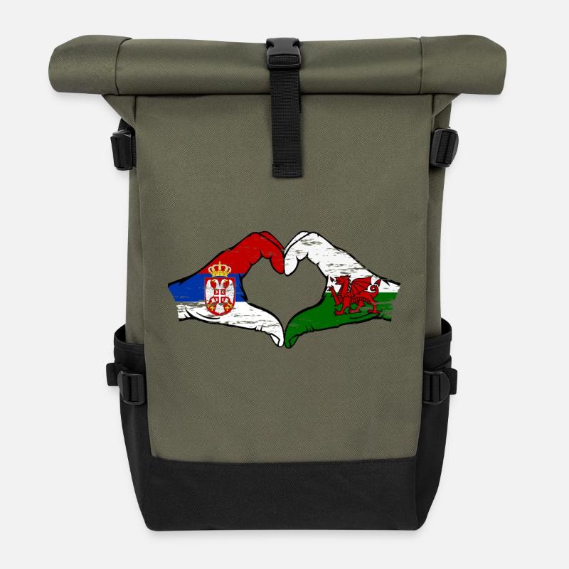 Serbie Pays de Galles drapeau mains forme coeur utilisé - Sac à dos roll top - olive/noir