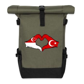 Singapur Türkei Flagge Hände Herzform - Rolltop Rucksack - Olive/Schwarz - Vorne