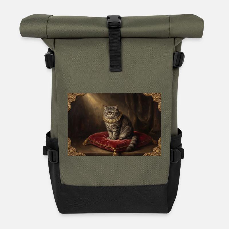 Königliche Katzenpose im Barockrahmen - Rolltop Rucksack - Olive/Schwarz