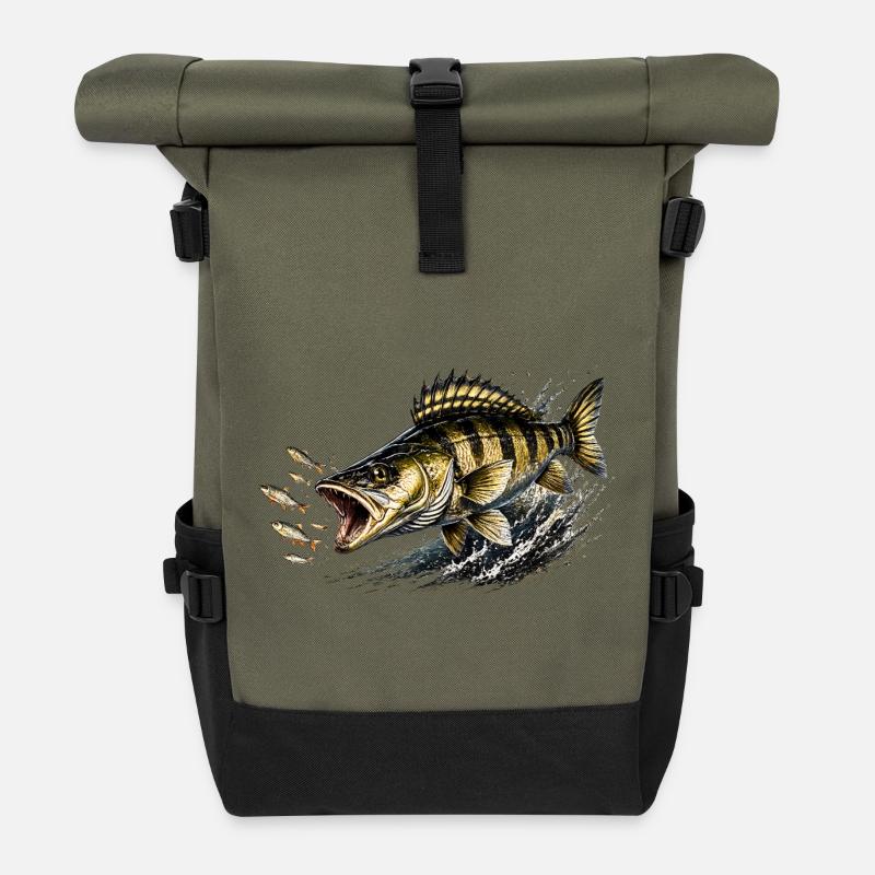 Zander Strike-Modus – Fressfischfang-Design - Rolltop Rucksack - Olive/Schwarz