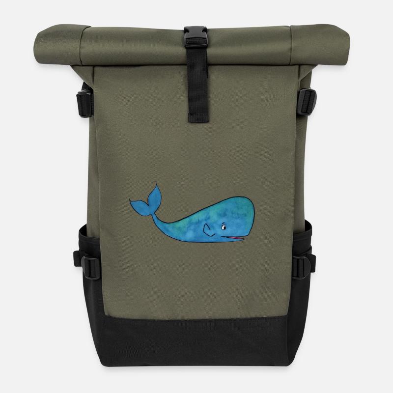 Verspielte Blauwal-Illustration - Rolltop Rucksack - Olive/Schwarz