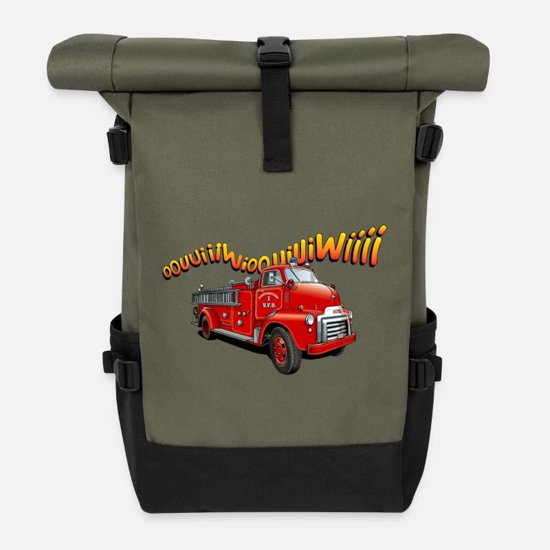Lustiges Feuerwehrauto - Rolltop Rucksack - Olive/Schwarz