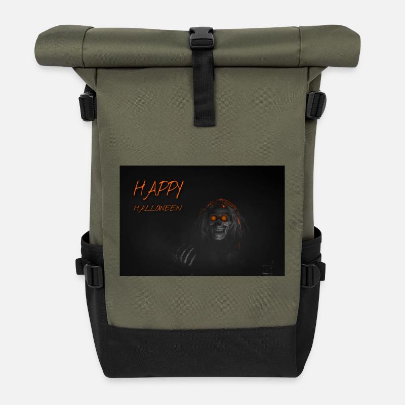 Orange Halloween Skull Glow - Roll Top Backpack - olive/black