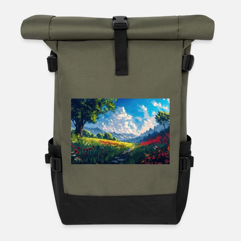 Nature Landscape Illustration Poster - Roll Top Backpack - olive/black