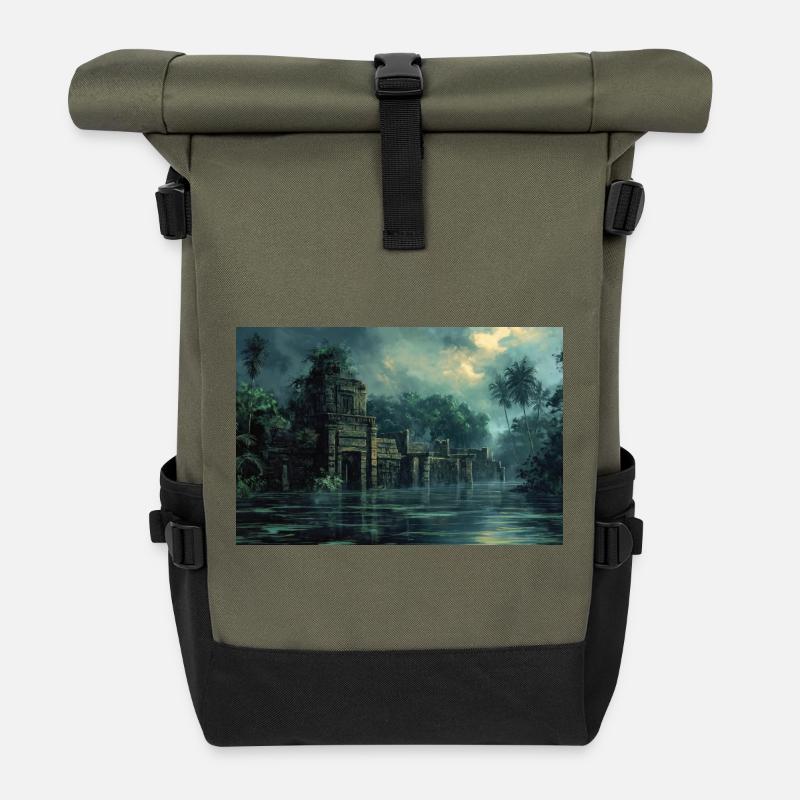 Poster Illustration Ruined jungle landscape - Roll Top Backpack - olive/black