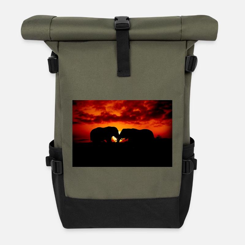 Silhouette d’éléphants au coucher du soleil - Sac à dos roll top - olive/noir
