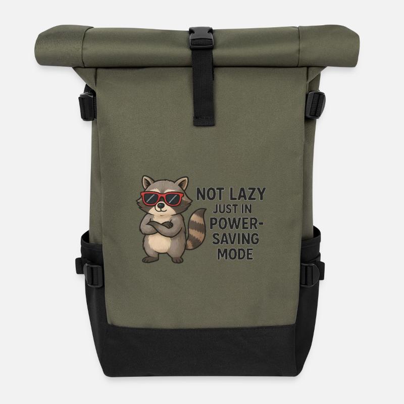 Cool raccoon NOT LAZY JUST IN POWER SAVE MODE - Roll Top Backpack - olive/black