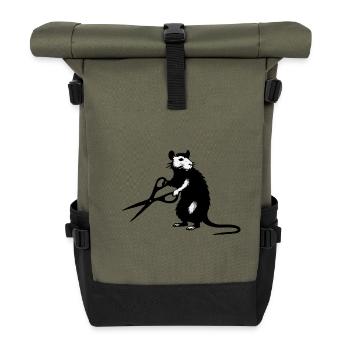 Rat with scissors in street art stencil style - Roll Top Backpack - olive/black - Front