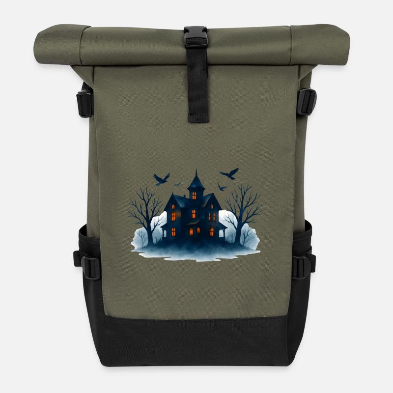 Blue Haunted House in the Moonlight - Roll Top Backpack - olive/black