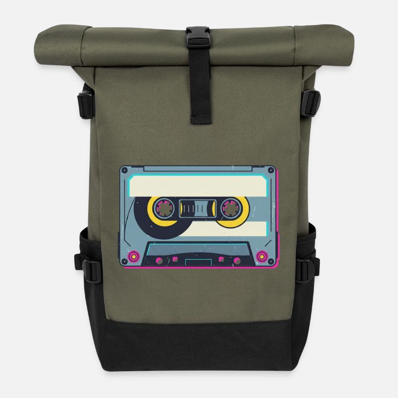 Retro Kassette - Rolltop Rucksack - Olive/Schwarz