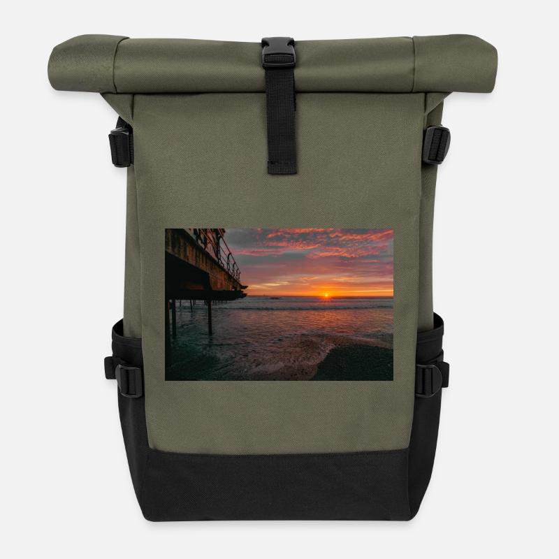 Sunrise Saltburn Pier at Quiet Shore - Roll Top Backpack - olive/black