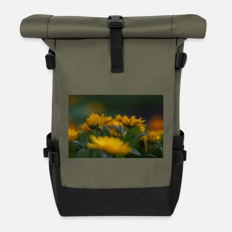 Vibrant yellow flowers bloom amid lush green folia - Roll Top Backpack - olive/black