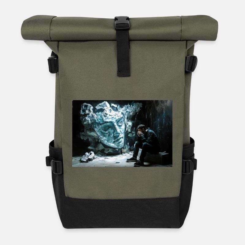 Zerbrochene Statue, nachdenklicher Mann - Rolltop Rucksack - Olive/Schwarz