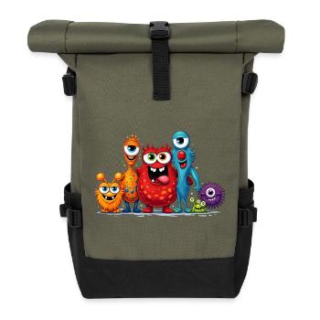 Bunte Monster Familie im Cartoon Stil  - Rolltop Rucksack - Olive/Schwarz - Vorne