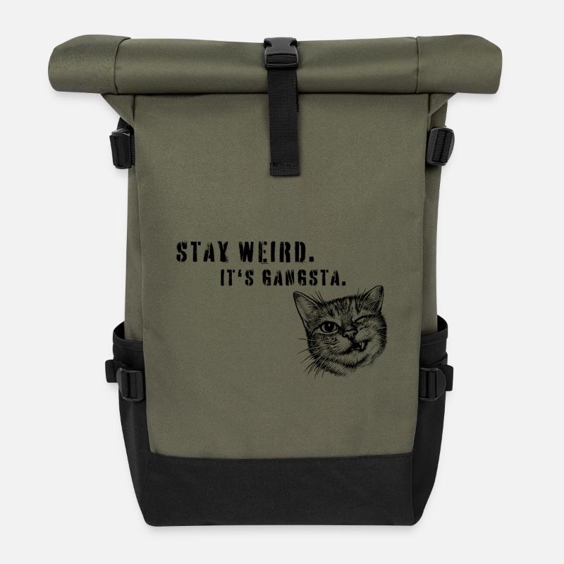 Stay Weird – Gangsta Katze Statement Art - Rolltop Rucksack - Olive/Schwarz